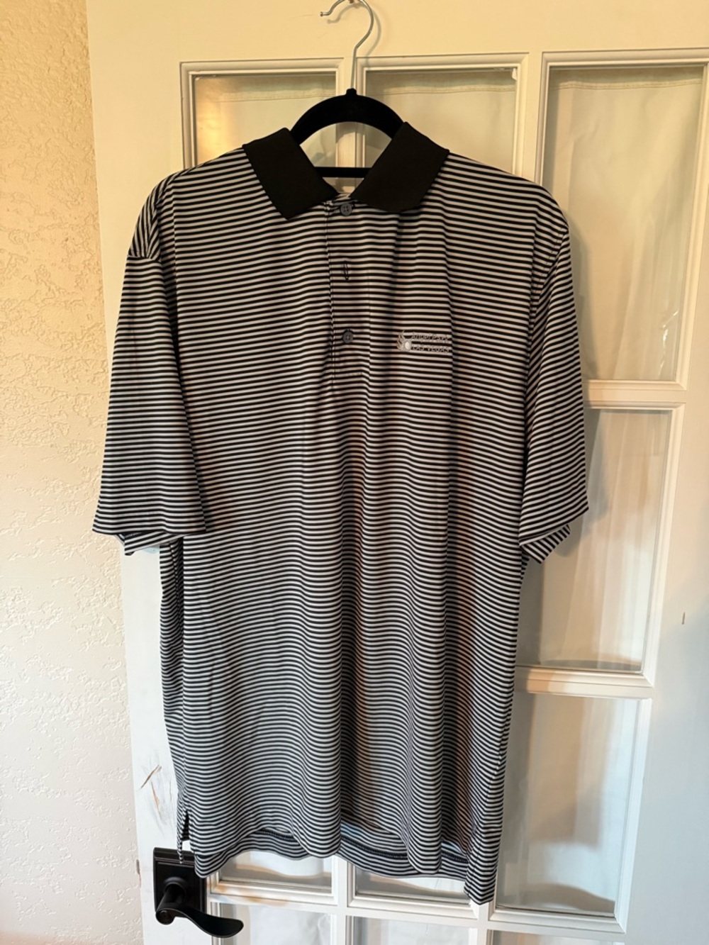 FootJoy Black and White Striped Polo with Contrast Collar